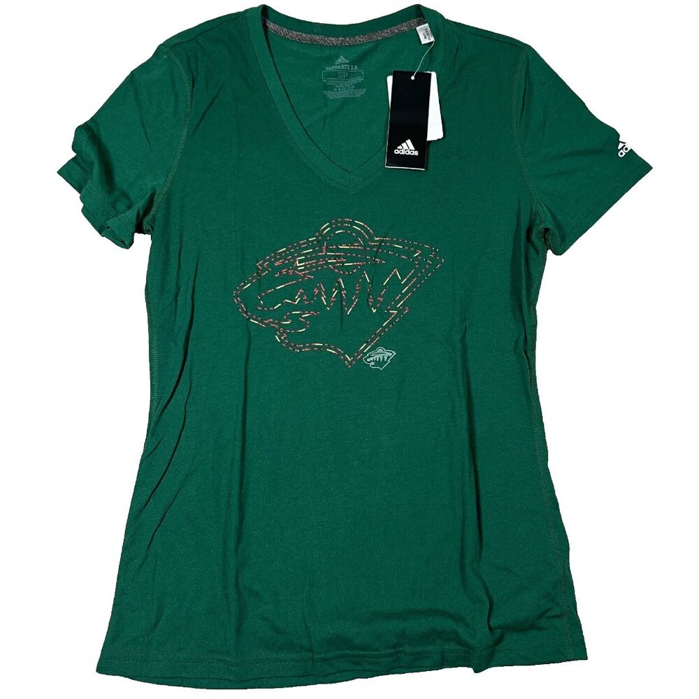 Adidas Womens S Green Minnesota Wild NHL Short Sleeve V-Neck Climalite Tee NWT
